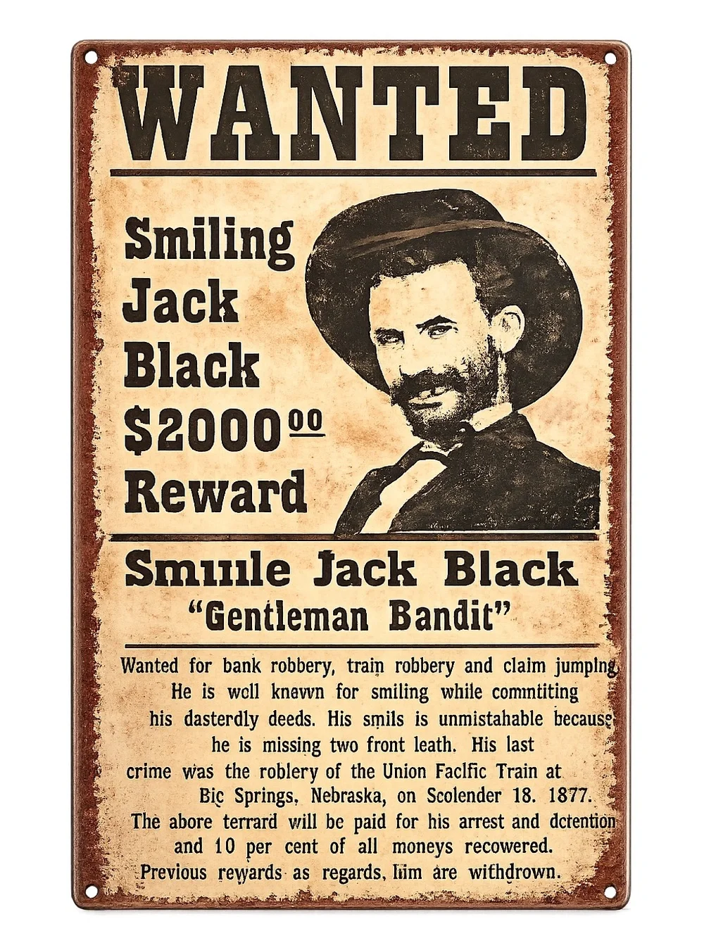 NEW Wanted Smiling Jack Black Metal Sign